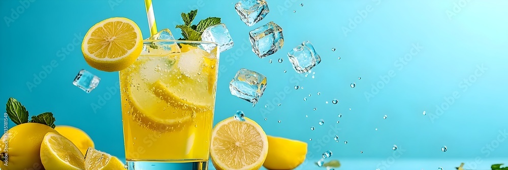Poster refreshing lemonade with ice cubes creating a dynamic and splashing chill effect in a transparent gl