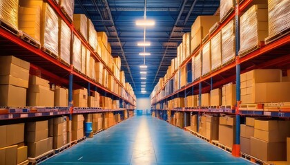 Fototapeta premium Warehouse interior with rows of stacked boxes and clear floor space