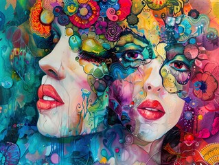 Obraz premium Abstract Portrait of a Woman with Flowers and Patterns