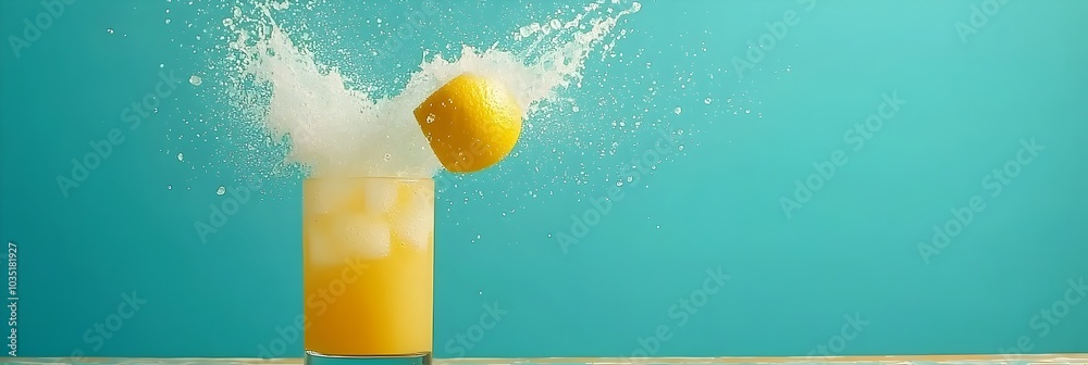 Aufkleber refreshing splash as ice cubes fall into a glass of chilled lemonade creating a dynamic and inviting