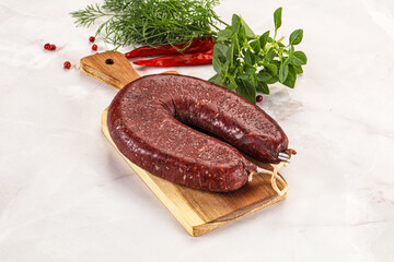Delicious dry cured beef basturma on table, closeup