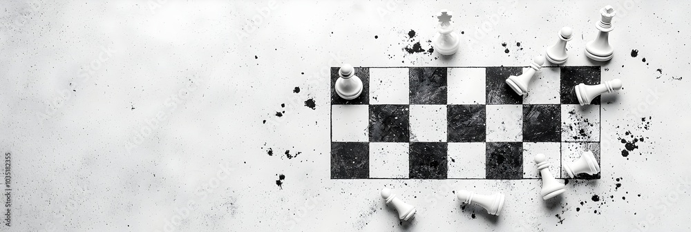 Poster Scattered chess pieces on a chessboard illustrating the concept of strategic thinking problem solving and decision making  The image represents the importance of planning analysis
