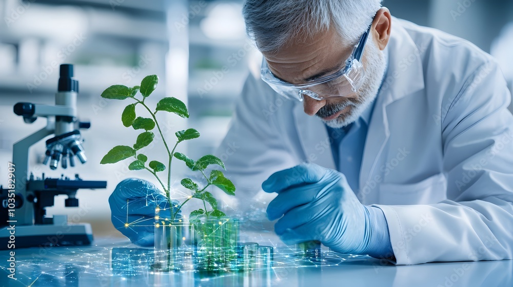 Poster Scientist in lab coat conducting research and analysis on biofuel samples using cutting edge processing technology in a modern laboratory setting