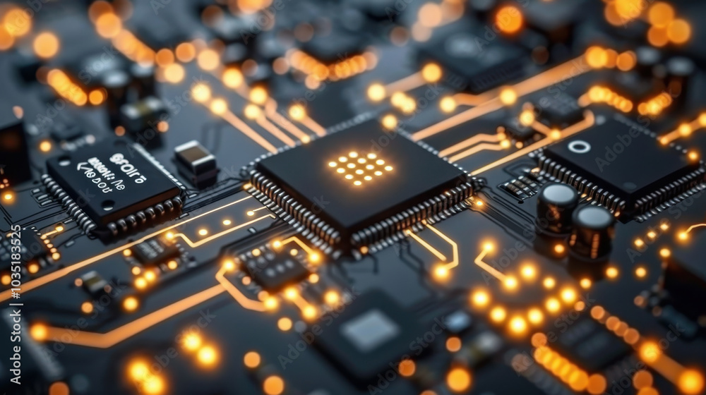 Poster close-up of illuminated microchips on circuit board representing iot and software development at nig