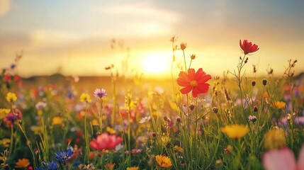 Fototapeta premium Colorful Wildflower Field at Sunset