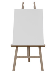 Wooden easel stand with blank an art board canvas. Presentation board on a tripod artwork mockup, template for artists to showcase their work or that require visual aids