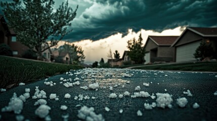 Hailstones on a Wet Pavement After a Storm