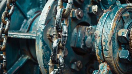 A close-up of a ship's anchor windlass, with detailed textures of the chain links and mechanical gears, Nautical setting with rugged metal surfaces