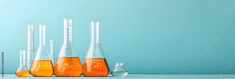 Poster Sophisticated and modern laboratory setup with various beakers flasks test tubes pipettes and other glassware containing colorful chemical solutions