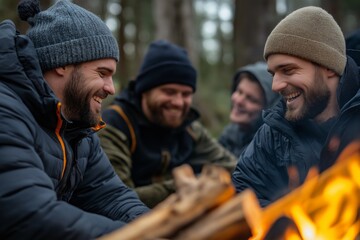 Fototapeta premium A group of men, dressed in winter clothing, laugh and enjoy each other's company around a campfire in the forest. Warm hats and jackets emphasize the cold, cozy atmosphere of the outdoors
