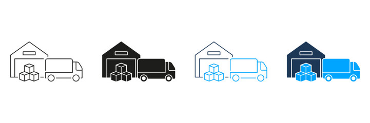 Warehouse and Truck Line and Silhouette Icon Set. Cargo Box Load Into Vehicle From Storage Building Pictogram. Transportation and Storehouse Symbol. Editable Stroke. Isolated Vector Illustration