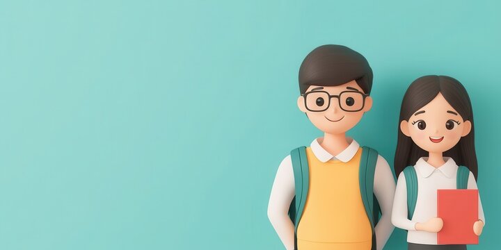 A stylized illustration of two cheerful students, one male and one female, standing against a mint green background.