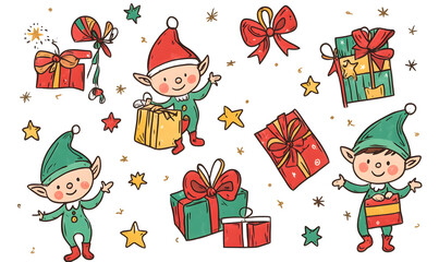 Naklejka premium Doodle Christmas and New Year Cards - 2D Hand-drawn Illustrations on White Background