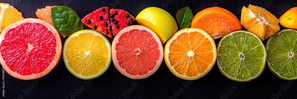 Poster striking top down view showcasing a visually captivating arrangement of vibrant colorful fruit slice