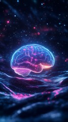 Fototapeta premium Vibrant neon brain illustration against a cosmic backdrop.