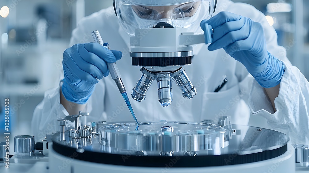 Poster Technician carefully examining biofuel samples in an advanced laboratory setup conducting tests and analysis to ensure and optimize clean energy solutions for a sustainable future