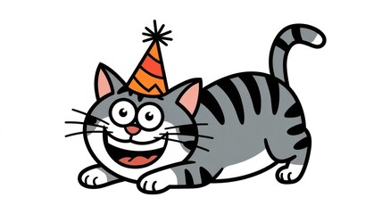 Obraz premium Happy Cartoon Cat Wearing a Party Hat and Celebrating With a Joyful Expression on a White Background