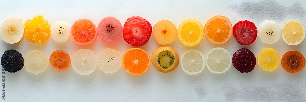 Poster Top down view of a visually striking circular arrangement of various colorful fruit slices creating a modern and minimalist still life composition with a focus on texture geometry and vibrant hues
