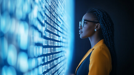 black businesswoman is analyzing a digital wall screen of binary code as data analyst programmer