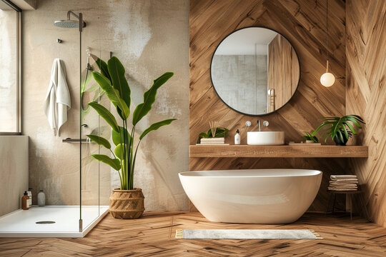 Tiny homes small bathroom with white bath a and wooden textures. Plants in the pot, pastel colors