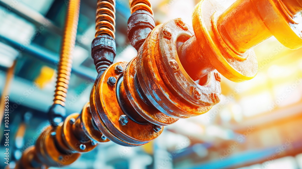 Poster close-up of industrial pipework in factory setting.