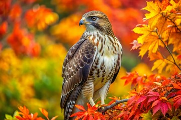 A majestic Red-tailed Hawk surrounded by brilliant autumn leaves, presenting striking landscape photography that embodies nature's beauty in a tranquil wilderness rich with vibrant hues.