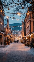Fototapeta premium Central square of old European town decorated for Christmas, no people, festive atmosphere