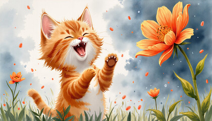 Fototapeta premium Playful ginger kitten joyfully reaching for bright flower in vibrant garden setting