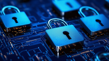 Cybersecurity Lock with Digital Shield and Futuristic Encryption Symbols