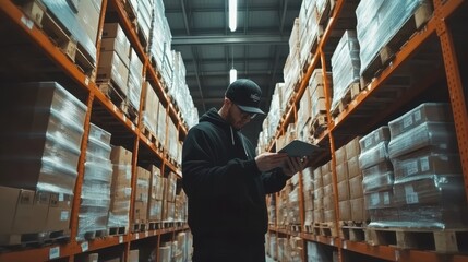 A logistics manager analyzing data on a digital tablet in a modern warehouse, inventory control, professional setting