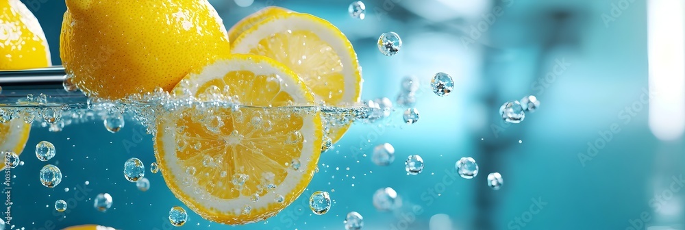 Aufkleber vibrant lemon slices gently floating in a glass of crystal clear sparkling water with fizzing bubble
