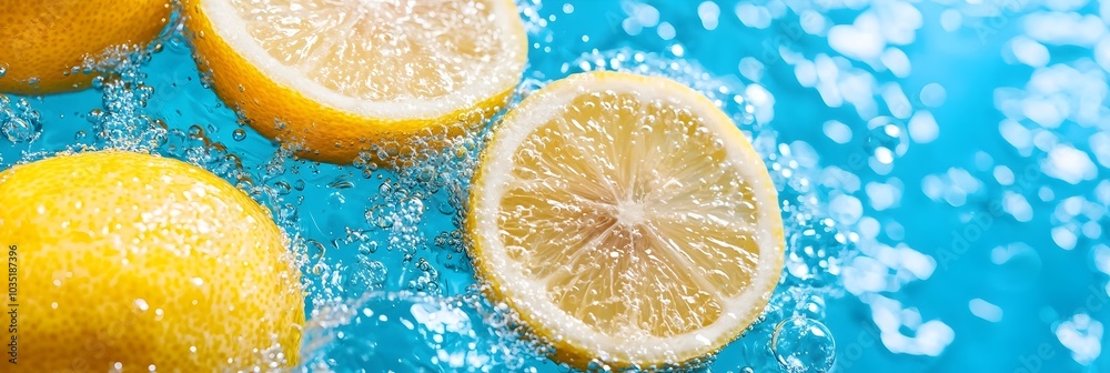 Poster Vibrant lemon slices gracefully floating in sparkling crystal clear water creating a refreshing and invigorating visual  Fizzing bubbles add a playful and revitalizing touch