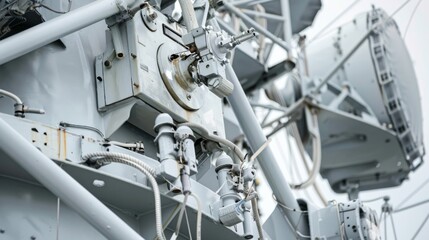 A close-up of a ship's radar and communication antennas, with intricate wiring and textures, Nautical setting with high-tech details