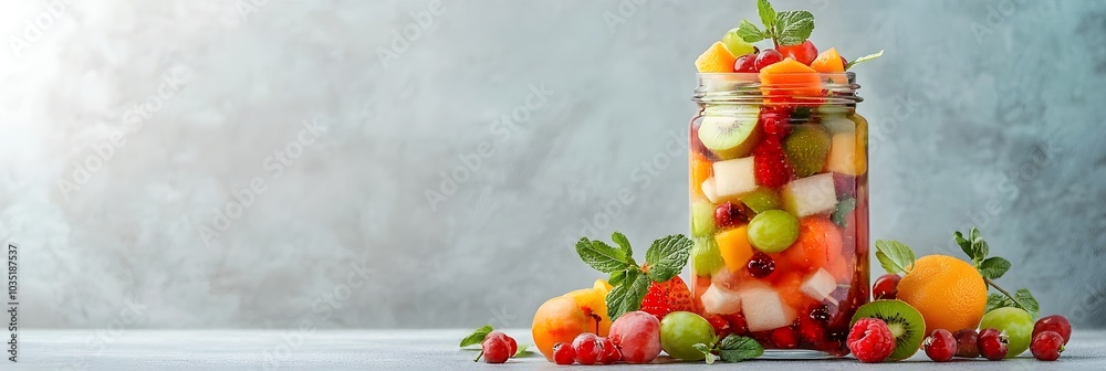 Poster vibrant sangria pitcher filled with assorted fruit slices like lemon orange and lime served on a rus