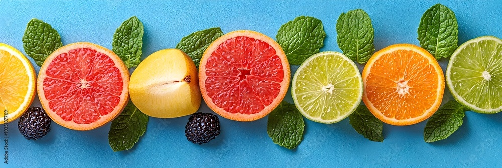 Poster Vibrant top down view of an arranged circular pattern of fresh colorful fruit slices on a plain background creating a visually striking and minimalist composition