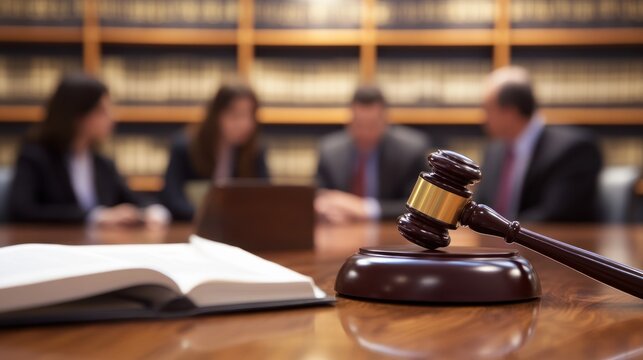 A team of lawyers discussing a case in a large law firm conference room