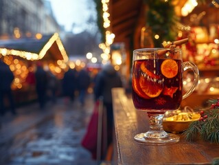 Obraz premium Close up photo of hot mulled wine glass on the counter of an open air Christmas store, snowy weather