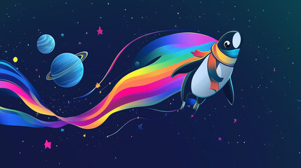 Penguin Soaring In Space With A Rainbow Trail In A Starry Night Sky
