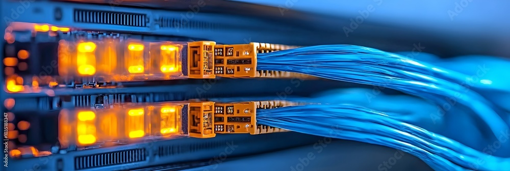 Poster glowing blue fiber optic cables twisting curving and converging into an elegant futuristic geometric