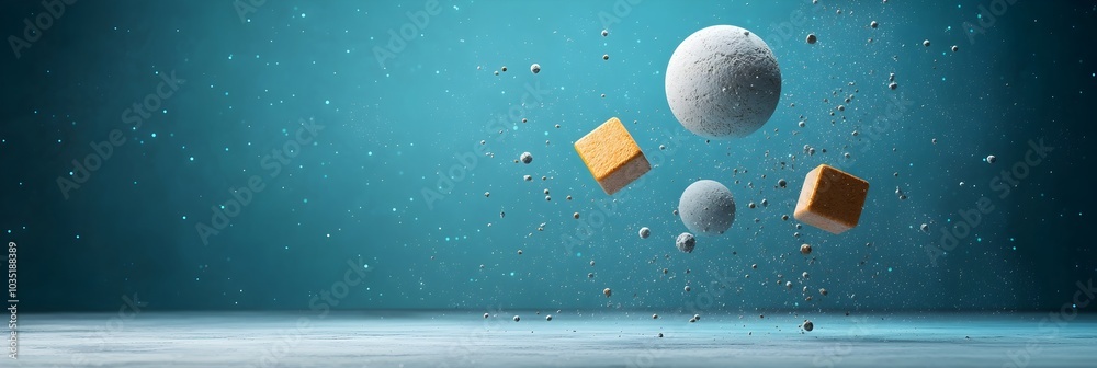 Fototapete 3D spheres and cubes floating in a captivating outer space setting with dynamic ethereal lighting creating a visually striking and conceptual abstract composition