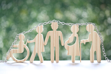 Ponzi scheme and Direct selling,Senior and people on wheelchairs.pregnant woman as links of the...