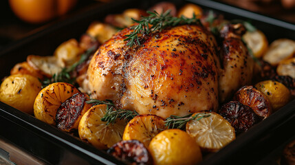 Homemade baked chicken with lemon and rosemary on table