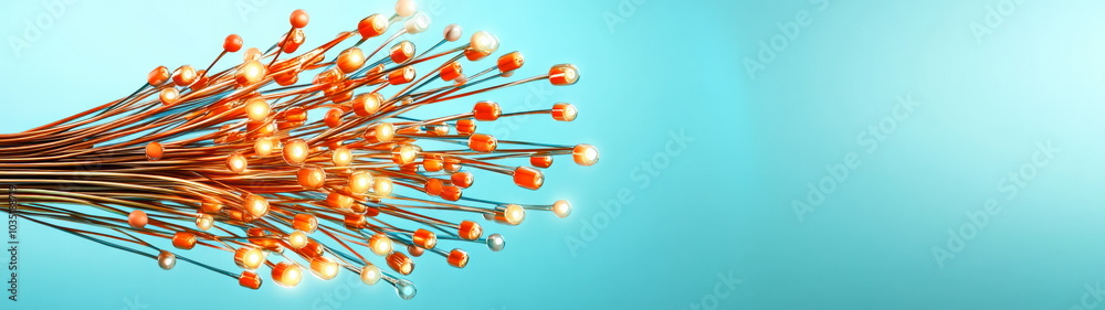 Poster abstract network of copper wires with light glowing at the ends.