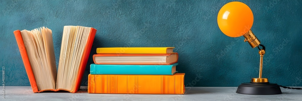 Aufkleber A cozy and creative workspace featuring a stack of colorful books and a warm glowing desk lamp creating an atmosphere of knowledge