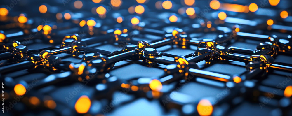 Poster abstract metallic grid with glowing lights.