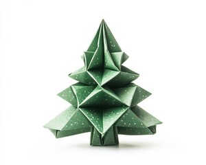 Obraz premium Origami Christmas Tree Decoration, Hand-made Paper Craft in Green for Isolated White Background