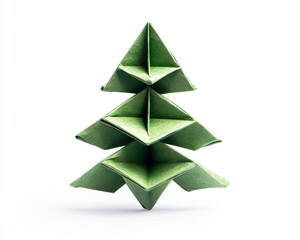 Obraz premium Origami Christmas Tree: Hand-Made Green Paper Decoration Isolated on White