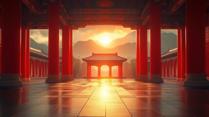 Sunset illuminating the grand pillars of an ancient Chinese palace, with mountains in the background.