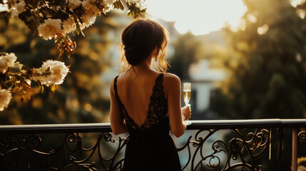 A successful and elegant woman in a black evening dress stands on a luxurious balcony, holding a glass of champagne, gazing at the European city.