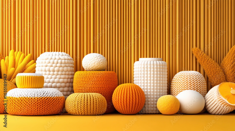 Poster Abstract Yellow and White 3D Objects on Yellow Background.